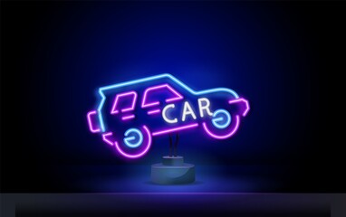 Futuristic sport car icon in neon style. Neon concept. Glowing electric virtual control. Traffic on a road. Vector illustration. Side view.