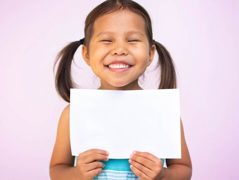 A Little Girl Smiling Holding A Blank White Paper Sign. Happy Kids Portraits.