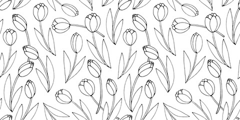 Vector seamless pattern with outline tulip flowers. Hand drawn doodle spring texture, background. For wrapping paper, textile, mother's or women's or Valentine's Day.