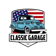 Classic car garage. Vector illustration with the image of an old classic car, design logos, posters, banners, signage.
