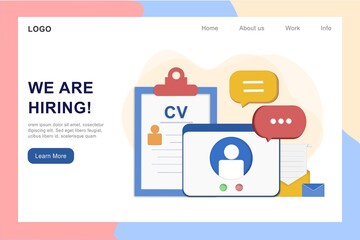 Recruitment agency landing page template. Online job interview, hiring employment process, choosing candidate, searching job concept. CV, resume and vacant. 3D vector illustration for web banner.