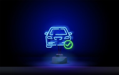 neon auto review, auto diagnostics. car icon in neon blue backlight on brick wall background. Car driving, maintenance in service center. Road safety. Vector