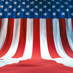 USA flag stage backdrop - 3D illustration of huge flowing stars and stripes cloth background - 491567441