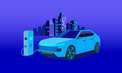 The future of intelligent electric vehicles Parked at charging station with power socket, flat vector illustration on blue background