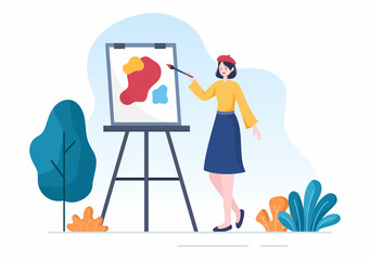 Painting Outdoors Flat Illustration with Someone who Paints using Easel, Canvas, Brushes and Watercolor for Poster or Workshops Designs