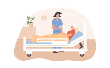 Sick senior woman lying on bed. Female nurse visit patient at old age home. Medical staff working at hospital interior. Home care services for elderly people. Residential care facility. Vector.