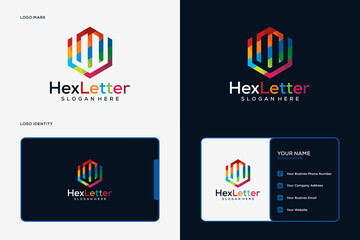 Colorful hexagonal letter m logo and business card template - obrazy, fototapety, plakaty