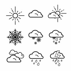 A set of icons of meteorological symbols. Contour collection . Vector illustration.