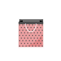 Polka dots pink paper bag in flat style vector.