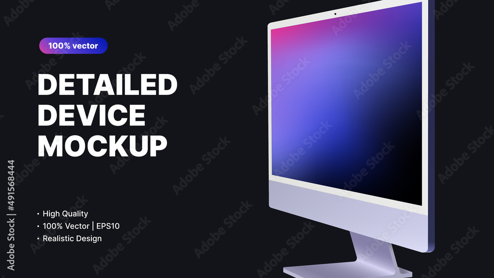 Poster detailed computer mockup. realistic monitor side view with editable screen. vector illustration