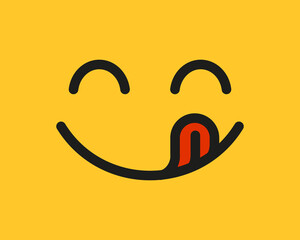 Yummy smile emoji with tongue lick mouth. Delicious tasty food symbol for social network. Yummy and hungry icon. Savory gourmet. Enjoy food sign. Vector illustration isolated on yellow background.