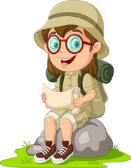 Cartoon girl scout on rock reading a map - 491569242