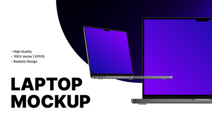 Two Isometric Laptops with Editable Screens Mockup. Simple Banner, Realistic Design. Vector illustration