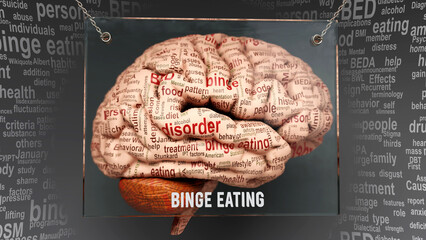 Binge eating anatomy - its causes and effects projected on a human brain revealing Binge eating complexity and relation to human mind. Concept art, 3d illustration