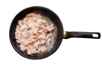 Fried pork in a pan, small pieces