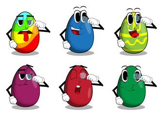 Fototapeta premium Easter Egg holding a magnifying glass. Cartoon character with funny face for the Easter holiday.