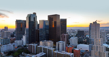 Los Angeles skyline and skyscrapers. Downtown Los Angeles aerial view, business centre of the city, downtown cityscape skyline at sunset.
