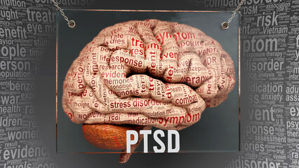 Ptsd anatomy - its causes and effects projected on a human brain revealing Ptsd complexity and relation to human mind. Concept art, 3d illustration