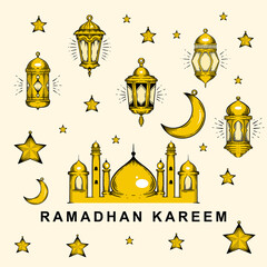 Ramadan Kareem poster design Hand drawn vector illustration for islam fasting festival event