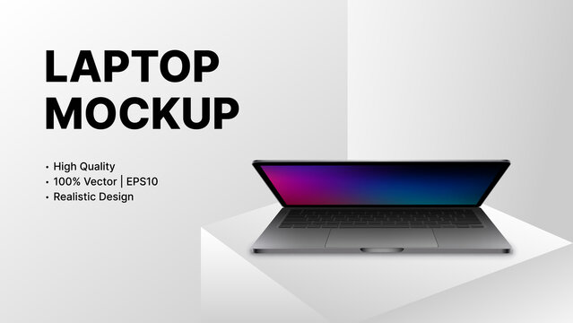 Half Closed Realistic Laptop With Blank Screen. Digital Product Mockup On White Background. Vector Illustration