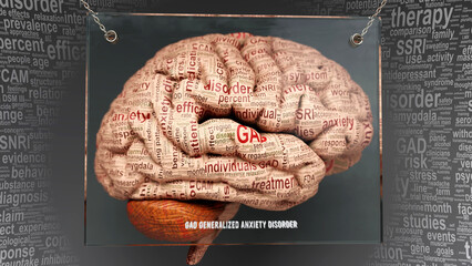 Gad generalized anxiety disorder anatomy - its causes and effects projected on a human brain revealing its complexity and relation to human mind., 3d illustration © GoodIdeas