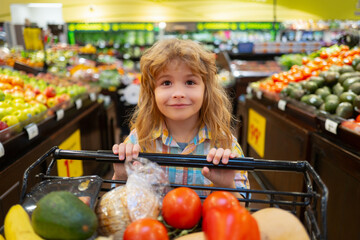 Sale, consumerism and child. Happy little kid with food in shopping cart at grocery store. Kid having fun while choosing food in the supermarket.