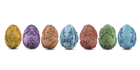 A row of vintage coloured Easter eggs with a small shadow isolated on a white background. Different coloured unusual Easter eggs. . Easter background or banner not only for web graphic.