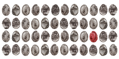 3D illustrations, Unusual Easter eggs. One red egg among monochrome eggs. Many unusual vintage easter eggs. Easter eggs template.