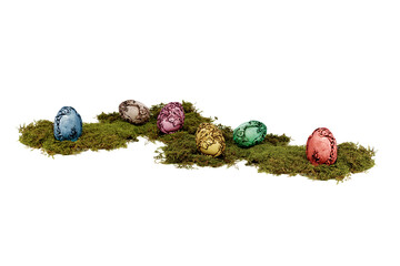 Six colorful vintage easter eggs on moss base. Easter eggs isolated on a white background.