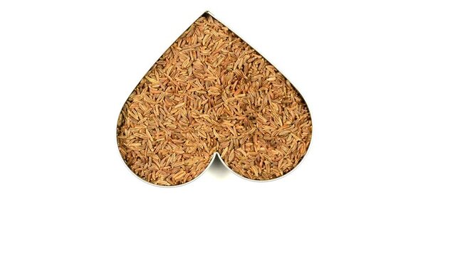 Caraway, spice and medicine in a heart shape on a turn table