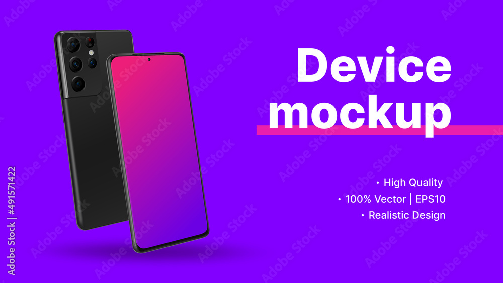 Poster website advertisement banner. smartphone diagonal front and back view with blank screen mockup. mini