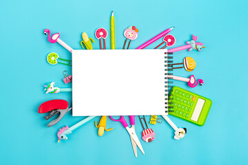 tationary, back to school, summer time, creativity and education concept. Supplies - notepad,...