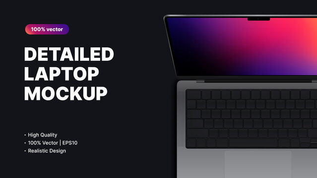 Laptop Mockup. Detailed Device top view on Dark background. Vector illustration