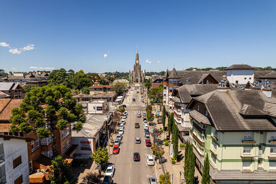 Aerial view of Canela, Rio Grande do Sul, Brazil. Church Matriz de Nossa Senhora de Lourdes.