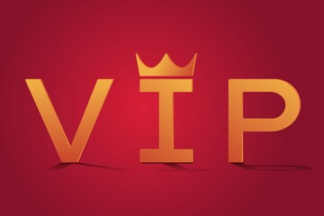 Gold letters letters V I P with shadow isolated on red background. Royal crown. A graphic three-dimensional illustration symbolizing wealth, success and high status.