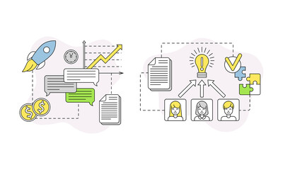 Business start up and human resource management lined symbols vector illustration
