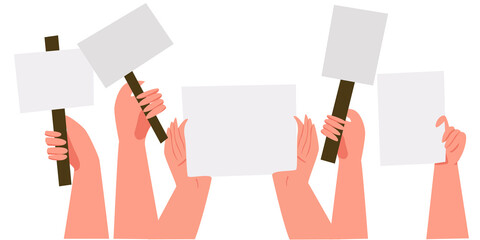 Crowd of people demonstrating with blank signs or placards. Illustration of placard protester, political revolution, demonstrate. Vector Illustration.