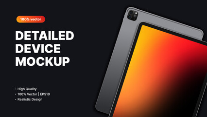 Gray Tablet with Gradient Screen Dark Mockup. Detailed Advertisement Page for Website. Device, Ui, App Presentation. Vector illustration