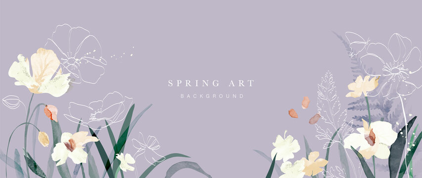 Spring season on purple background. Hand drawn floral and insect wallpaper with flowers, foliage, leaf, butterfly. Blossom art with watercolor texture design for banner, cover, decoration, poster.