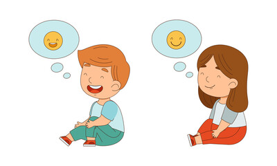 Happy little boy and girl sitting on floor expressing different emotions cartoon vector illustration