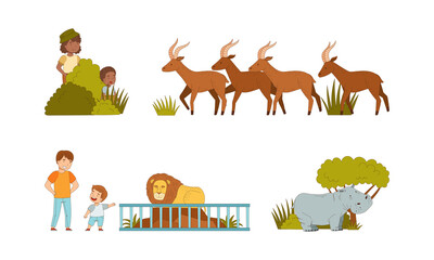 Family on safari tour. Parents and children visiting tropical national park watching antelope, lion and rhino cartoon vector illustration