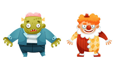 Cute funny Halloween characters set. Zombie and crazy creepy clown cartoon vector illustration