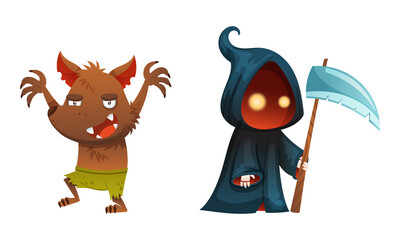 Cute funny Halloween characters set. Reaper with scythe and werewolf cartoon vector illustration