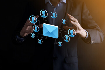 Email and user icon,sign,symbol marketing or newsletter concept, diagram.Sending email.Bulk mail.Email and sms marketing concept. Scheme of direct sales in business. List of clients for mailing.