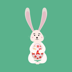 Cute Bunny Easter holding egg. Cartoon funny Easter Rabbit, illustration