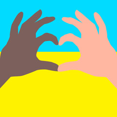 Obraz premium A dark-skinned hand and a white-skinned hand turn into a heart against the background of a yellow-blue flag