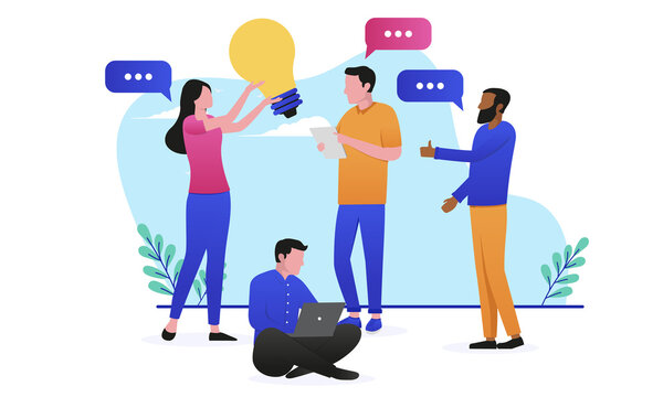 Innovation teamwork - Team of business people having idea workshop holding lightbulb and having discussion. Flat design vector illustration with white background