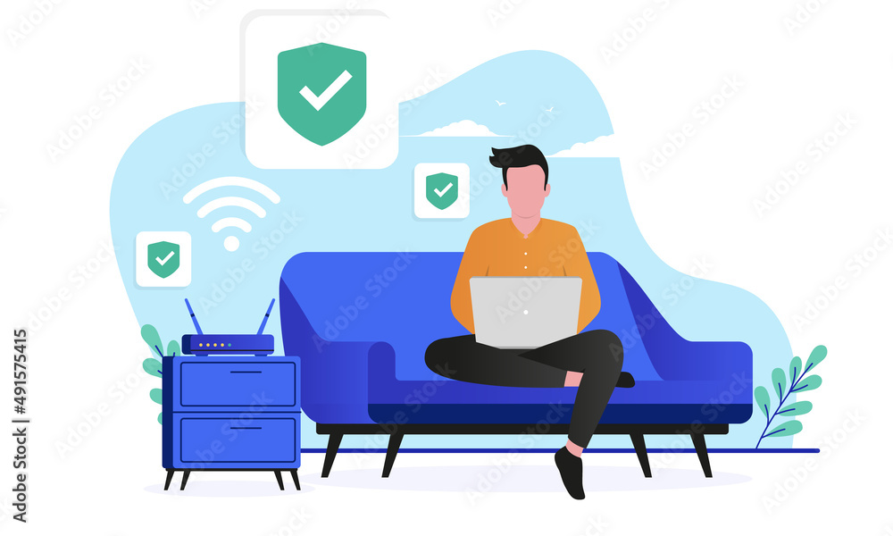 Poster Online security - Man at home in sofa using wifi, computer and internet with protection symbols. Flat design vector illustration with white background