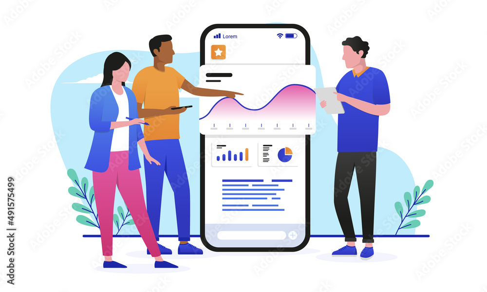 Poster business people looking and analytics data and discussing. flat design vector illustration with whit