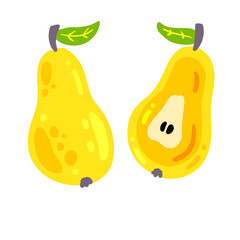 Yellow pear fruit with leaf. Sweet natural food. Vector illustration